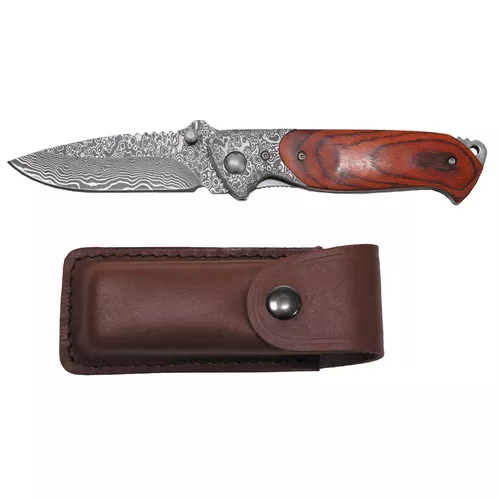 FOX Outdoor nůž zavírací "Damašek" dřevěná střenka + kožené pouzdro